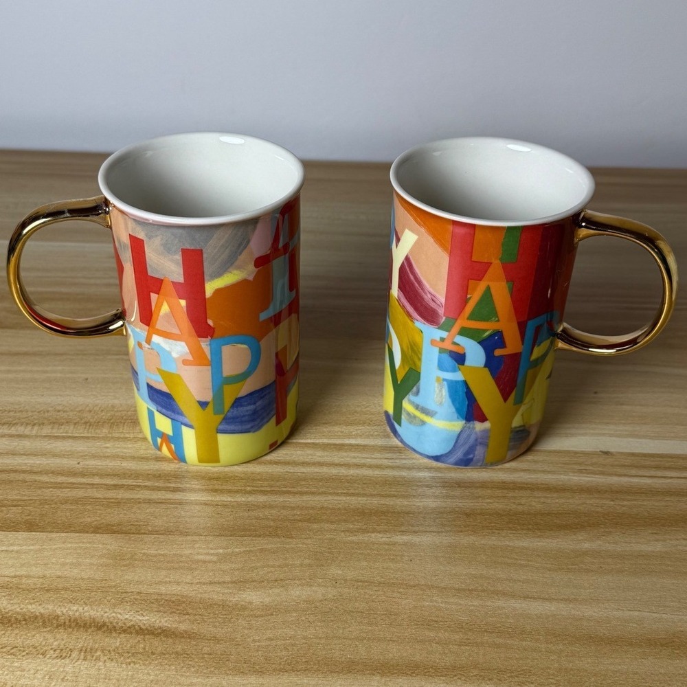 Anthropologie Happy Coffee Mugs Set Gold Handle Colorful‎ Accent Qty 2